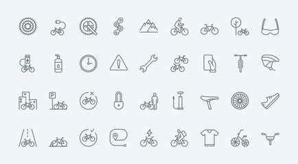 bike shop, repair service and rent thin line icons set vector illustration. linear pictograms of cyc