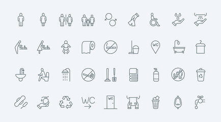 Restroom and toilet thin line icons set vector illustration. Outline public WC and bathroom signage, gender pictogram and accessibility for people in wheelchair, symbols of paper towel and hygiene