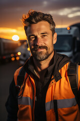 Wall Mural - truck driver stand in front of the vehicle happy smile confident