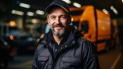 Wall Mural - truck driver stand in front of the vehicle happy smile confident