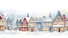 Watercolor Christmas Village With Colorful Houses And Snow Covered Street.