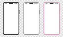 Mobile Phone With Black, Silver And Pink Colored Design.Vector Smartphone Mockup With Frameless White Screen. Isolated On Transparent Background. 