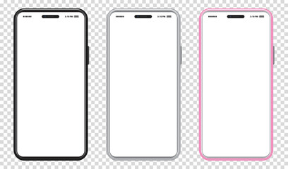 Mobile Phone With Black, Silver and Pink Colored Design.Vector smartphone mockup with frameless white screen. Isolated on transparent background. 