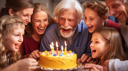 A happy family celebrating a birthday. Generative AI. 