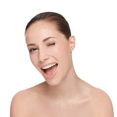 Sticker - Skincare, beauty and face of a woman with a happy smile, wink and clean skin on a png, transparent and isolated or mockup background. Portrait of good hygiene, health and wellness