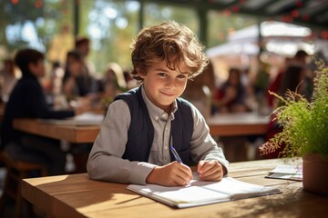 preschooler boy drawing in notebook at table in middle class school education