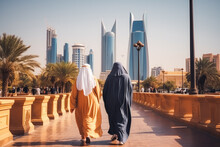 Riyadh Travel Destination. Two Tourists Walking Through City. Tour Tourism Exploring.