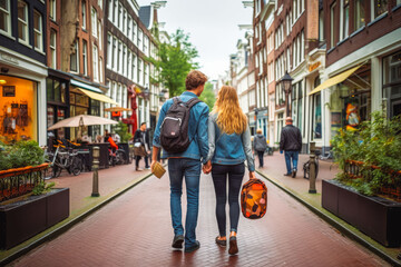 Amsterdam Netherlands travel destination. Two tourists walking through city front view. Tour tourism exploring.