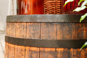 Wall Mural - Traditional wooden barrel outdoors, closeup. Wine making