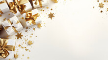 Elegant, Gold And White Gift Backgrounds. Backgrounds Of Beautiful Christmas Gifts.