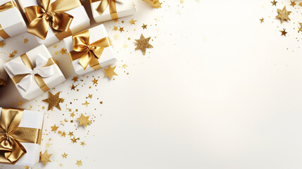 Elegant, gold and white gift backgrounds. Backgrounds of beautiful Christmas gifts.