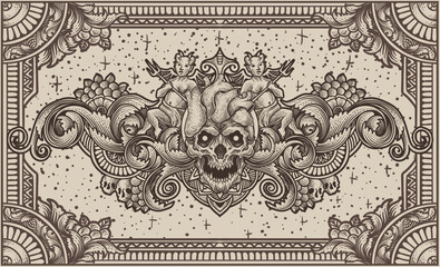 Poster - Illustration of heart skull with vintage engraving ornament in back perfect for your business and Merchandise