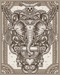 Wall Mural - Illustration of Elephant head with vintage engraving ornament in back perfect for your business and Merchandise