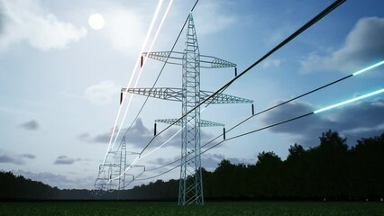 timelapse visualization of energy travelling industrial power tower high voltage cables over cloudy 