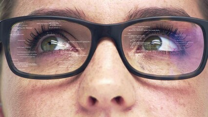 Woman checking, glasses and code reflection of a person looking at software and computer data. Eyes, glass and closeup with coding and digital biometric tech vision with a female person checking tech