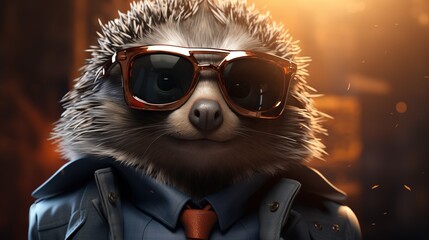 Sticker - anthropomorphic hedgehog spy, digital art illustration