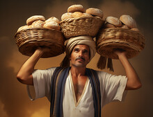 Illustration Of A Servant In Ancient Egypt Holding Three Baskets Of Bread From The Story Of Joseph In The Bible