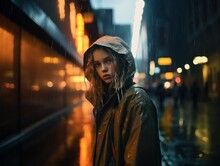 Street Portrait Of A Fictional Beautiful Young Woman Wearing Warm Clothes Under The Rain In A Big City At Night. Generative AI.