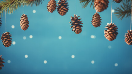 Wall Mural - Pine cones  on blue background. Generated ai