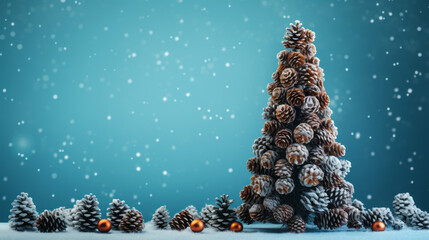 Wall Mural - Christmas tree with cones on blue background. Generated ai