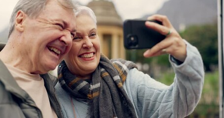 Poster - Selfie, smile and senior couple in a park, happy and laugh, relax and bond in nature on the weekend. Love, fun and elderly man and woman relax outdoor with profile picture while enjoying retirement