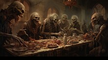 Gruesome Halloween Banquet: Sinister Feast In A Dusty, Grand Dining Hall. Eerie Delights Await! Wicked Figures Lurk, Ghostly Presence Looms, Dark Shadows Engulf. A Menacing Spectacle Unfolds!