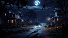 Haunted Suburban Streets: Halloween Night Under The Glowing Moon's Eerie Light. A Spooky Scene Unfolds