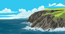 Vector Illustration Of Beach With Rock In Sunny Day