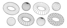 Wireframe Torus And Spheres Collection. 3d Outline Grid Shapes With Different Patterns. Black Geometric Elements For Design Templates, Icons, Logo. Abstract Objects With Connected Lines. Vector Pack
