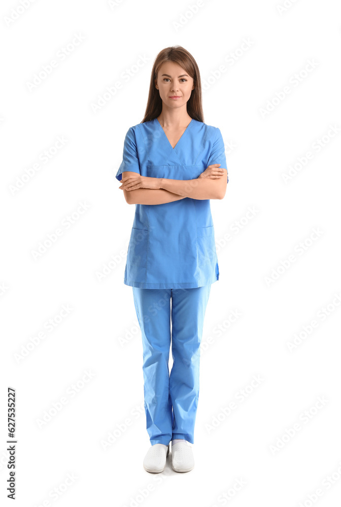 Female medical assistant in blue uniform on white background