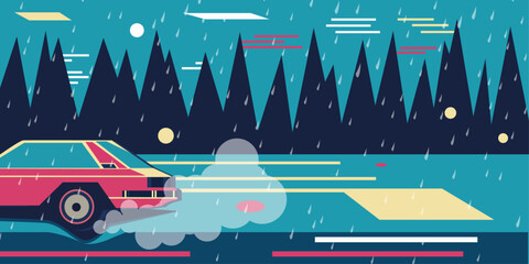 Poster - Flat design with half a car in the frame. Vector.  Design for textile, fabric, clothing, curtain, rug, batik, ornament, background, wrapping.