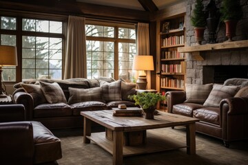 Wall Mural - Classic rustic living room: A classic rustic living room is part of a series on interior design that focuses on creating a traditional and charming space with a touch of rustic elements.
