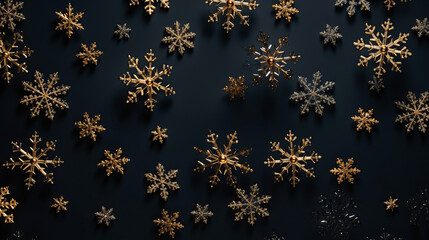 Wall Mural - Christmas and New Year dark blue stone background with decorative gold snowflakes. Flat lay.  generated ai.