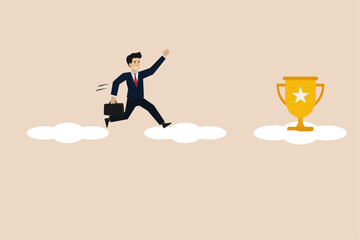 Wall Mural - Businessman running in to get target. Businessman running on clouds to reach victory trophy. Businessman illustration.