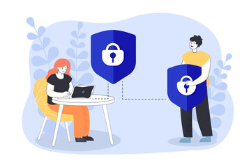 Wall Mural - woman at laptop and man with shield vector illustration. drawing of girl using protected computer or