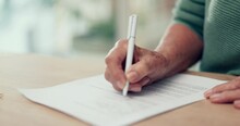 Hands, Sign Or Senior Woman With Contract, Application Or Document For Will, Insurance Or Divorce Papers. Pen, Closeup Or Person Writing Signature For Paperwork, Form Or Title Deed Agreement On Table