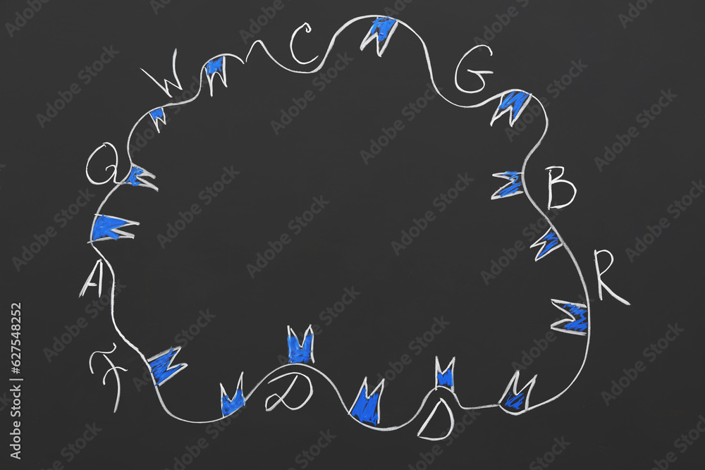 Frame made of garland and different letters on black chalkboard