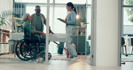 Sticker - Healthcare, wheelchair and a nurse talking to an old couple in the hospital for insurance or admission. Medical, senior woman with a disability and a medicine professional in discussion of treatment