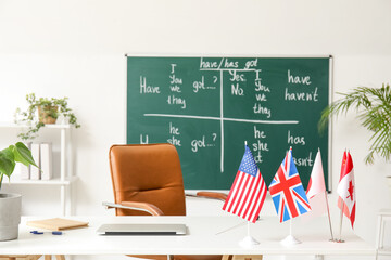 Canvas Print - Different flags on teacher's table in English classroom