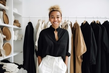 A young female fashion designer is sitting with confident and looking at camera in her design studio.