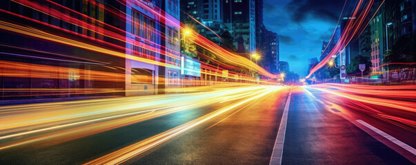 Wall Mural - Long exposure of car lights at night on city streets. Panoramic view. Generative AI