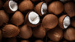 Top view full frame of coconuts placed together as background.