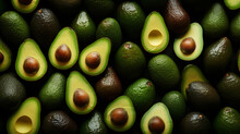 Top View Full Frame Of Whole Ripe Avocados Placed Together As Background.