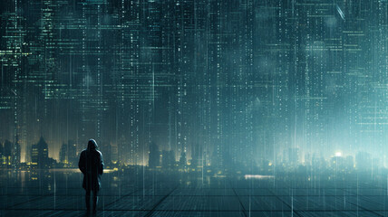 Concept of coding, hacking or cyber security.Mysterious hooded man silhouette under raining of codes.