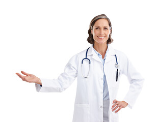 Presentation, doctor and choice with portrait of woman on png for show, medical and news. Medicine, healthcare and advertising with person isolated on transparent background for information and offer