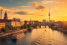 Berlin Skyline  Spree River At Sunset, Germany ,Generative AI