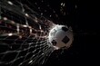 A soccer ball breaking the net in the goal against a dark background
