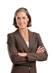 Portrait, business woman and happy with arms crossed in isolated on transparent, png background. Face, boss and mature female ceo, professional or executive from Australia with confidence and smile