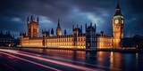 Fototapeta Londyn - Big Ben and the Houses of Parliament at night in London, UK  ,Generative AI