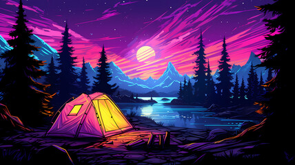 Wall Mural - Hand-painted illustration of van Gogh camping tent under the beautiful starry sky
